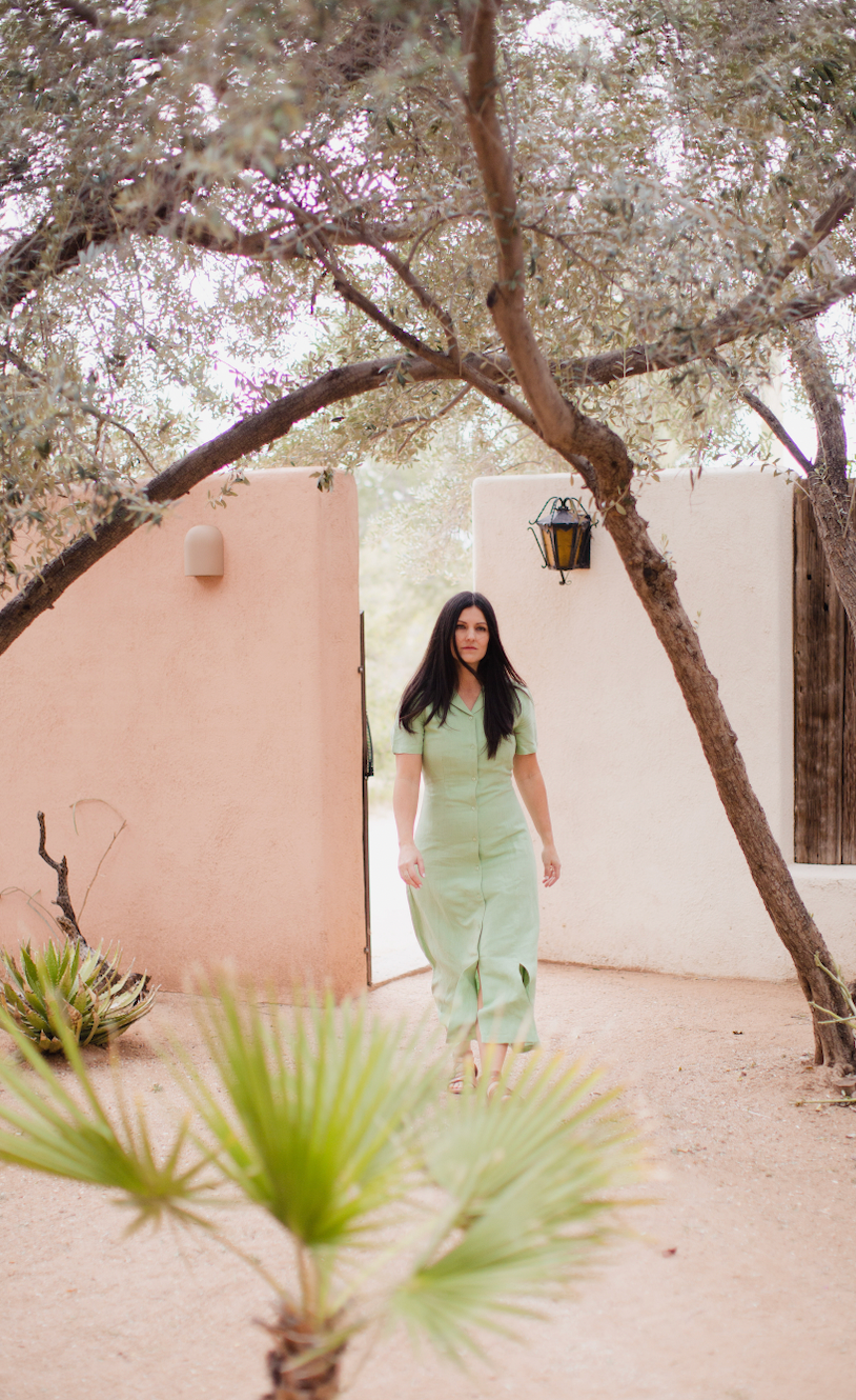 button up green dress, midi length green dress, green able dress