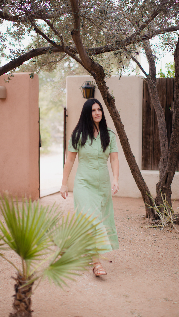 button up green dress, midi length green dress, green able dress