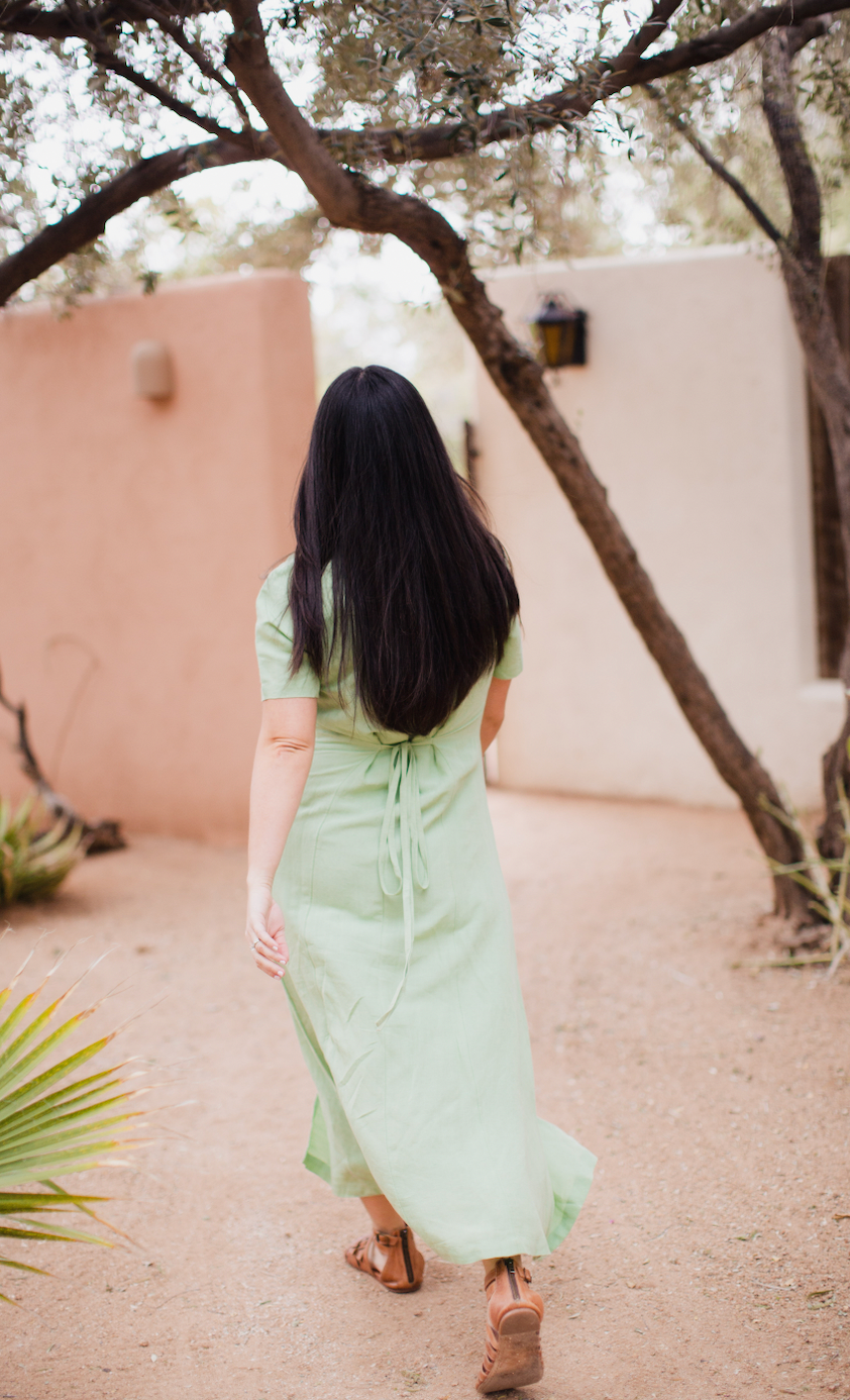 button up green dress, midi length green dress, green able dress
