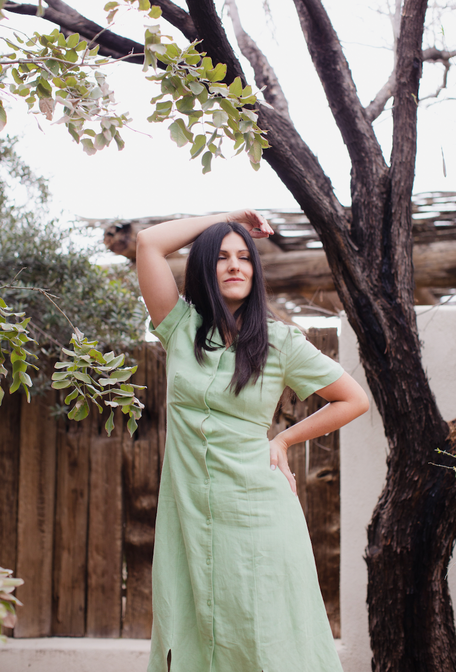 button up green dress, midi length green dress, green able dress